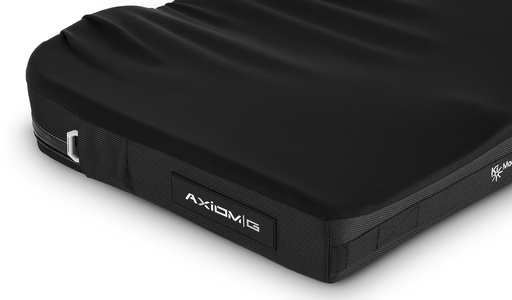 Side tag and zipper pull on the black Axiom G cushion cover