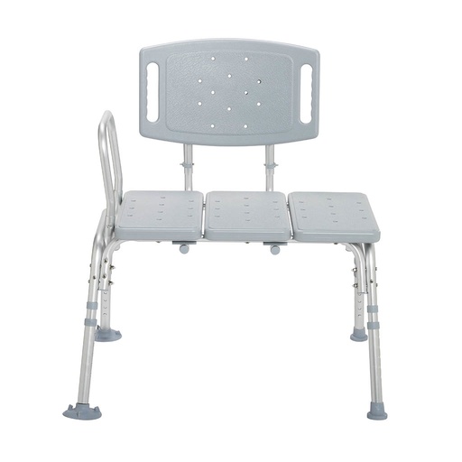 Front view of the grey bariatric bench, one arm and a back with two hand openings