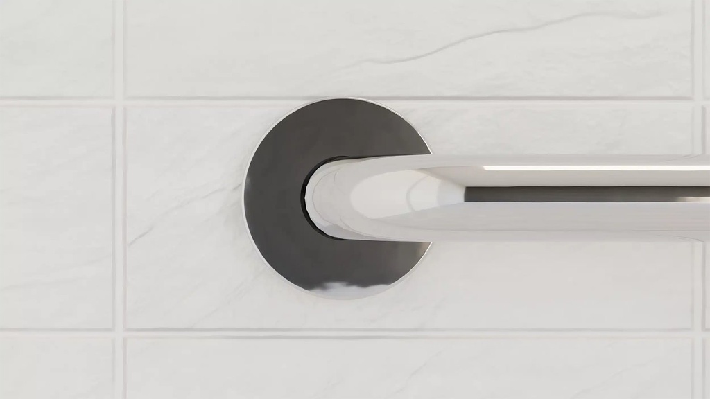 Round polished chrome flange where the smooth rail meets the wall