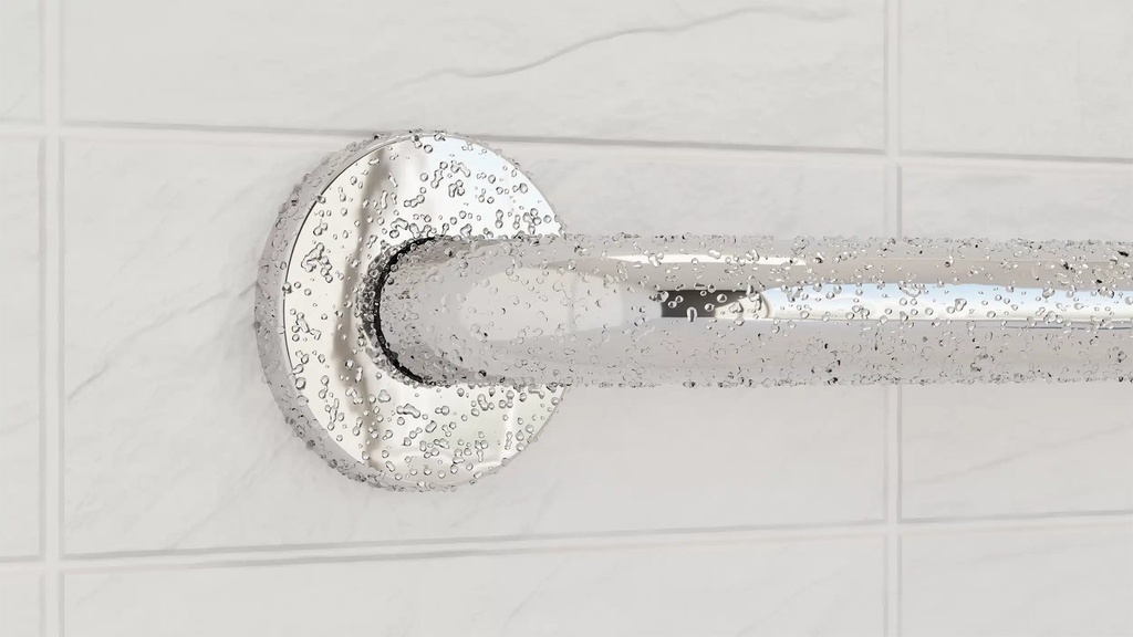 Water droplets on the polished chrome rail and round flange
