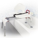 Side view of the bench over a tub, mesh net under the rails and a red arm