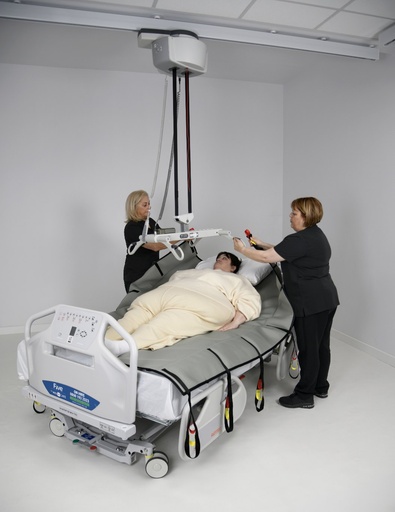 Loop straps hanging from the in-situ sheet while two carers hold the lift bar