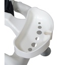 Close view of the white soap dish with drain holes beside the seat belt