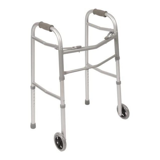 PCP 5052-W folding walker with two release levers, front wheels and rear tips