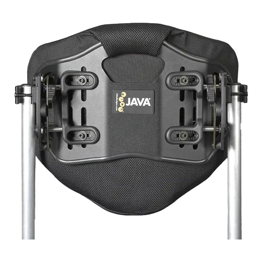 Rear of the Java back showing the quick release hardware on the chair tubes and the Java label