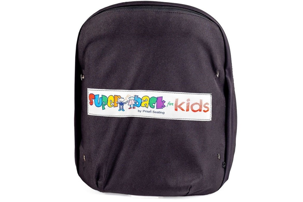 Rear of the Super Back for Kids in its cover, with the maker's label across the middle