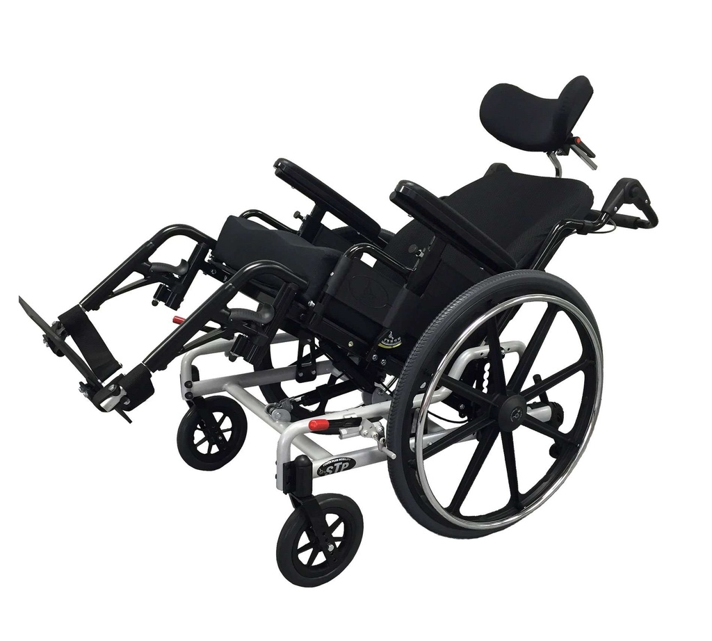 Example manual tilt wheelchair with a headrest and elevating legrests, seat tilted back