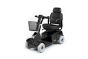 Example rental scooter: black four-wheel model with a captain's seat, headrest and wire front basket