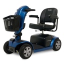 Example rental scooter: blue Pride Victory four-wheel model with a black vinyl seat and front basket