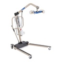 Example battery-powered floor lift with a beige frame, hand control and a spreader bar with six hooks