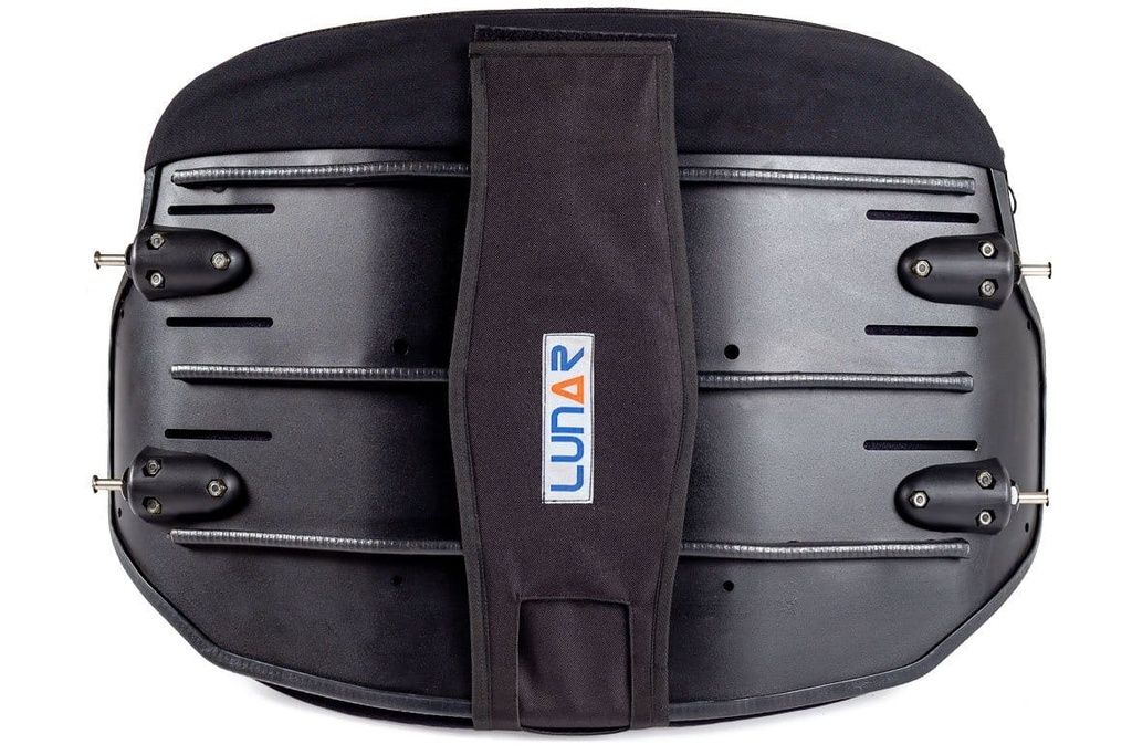Rear of the heavy duty wheelchair back showing the ribbed black shell, mounting pins and the LUNAR strap
