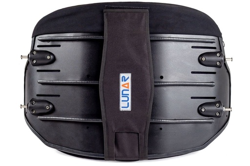 Rear of the heavy duty wheelchair back showing the ribbed black shell, mounting pins and the LUNAR strap