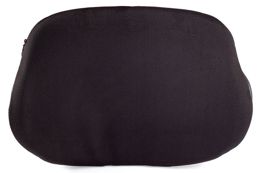 Front of the heavy duty wheelchair back in its black knitted cover, flaring wider at the bottom where the laterals sit