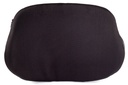 Front of the heavy duty wheelchair back in its black knitted cover, flaring wider at the bottom where the laterals sit