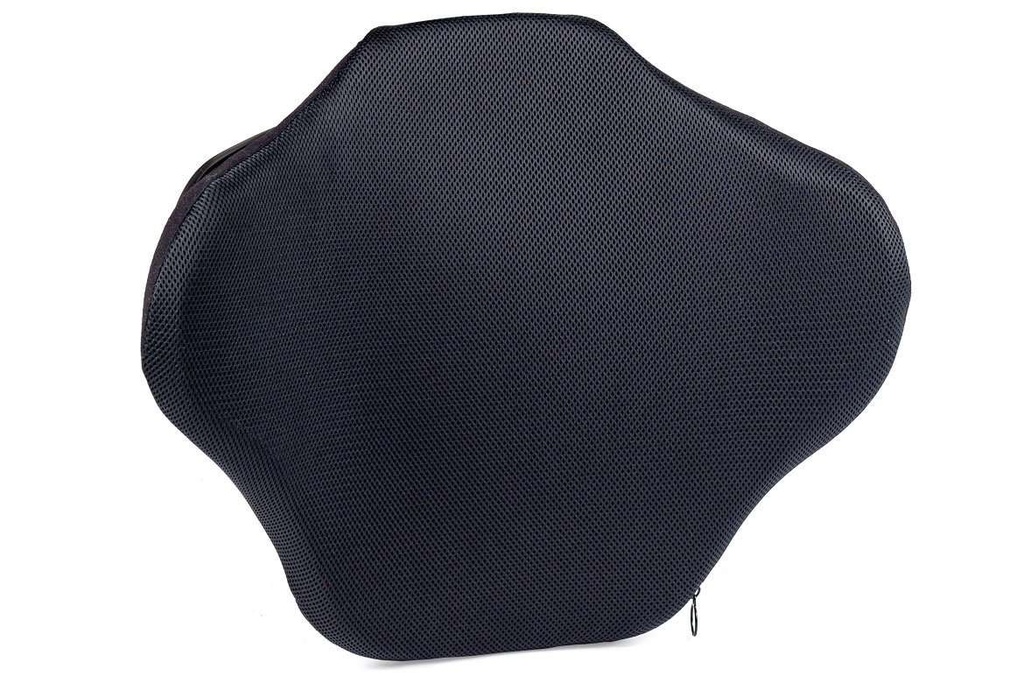 Front of the Lunar Basic mid back in its black cover, its shaped sides curving forward
