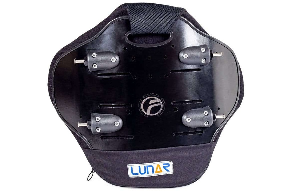 Rear of the Lunar Basic back showing the black shell, four pin blocks and the LUNAR label