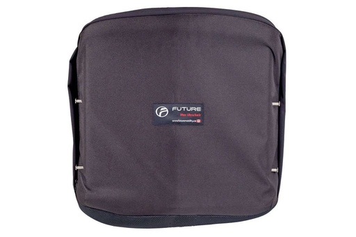 Rear of the Max Ultra back with the maker's label stitched at the top and four mounting pins at the sides