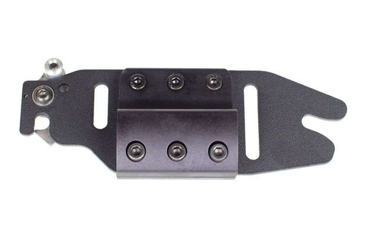 Cane clamp bolted to a mounting plate with its six screws and the release lever at the left