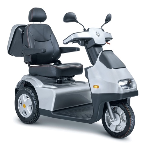 Silver S3 Plus from the other front corner, with its LED headlight, swivel seat and rear box
