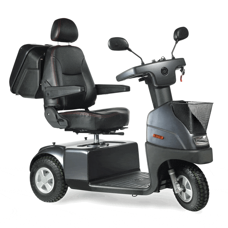 Afiscooter C3 Plus in Charcoal from the front right, with the optional lockable rear box behind the seat