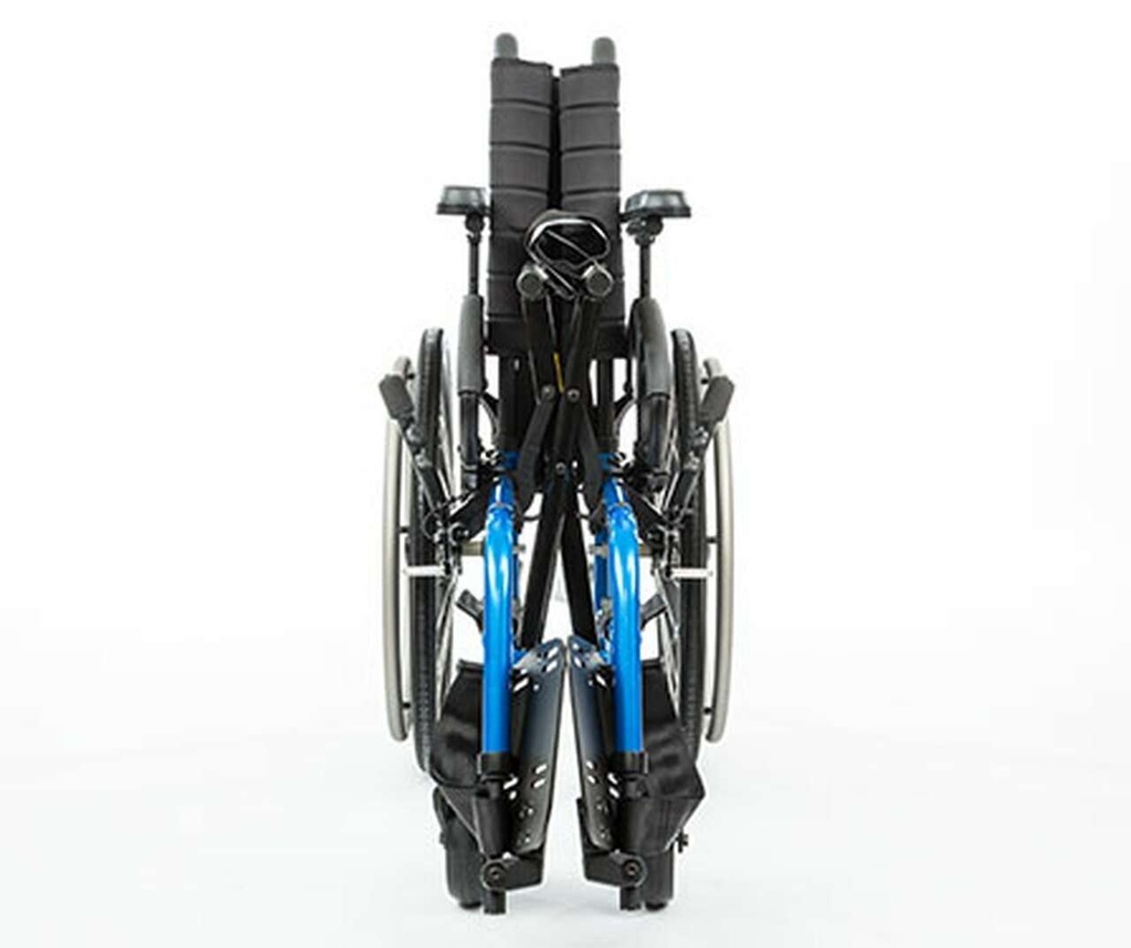 Blue Quickie QX folded side to side, seen from the front with its footplates flipped up