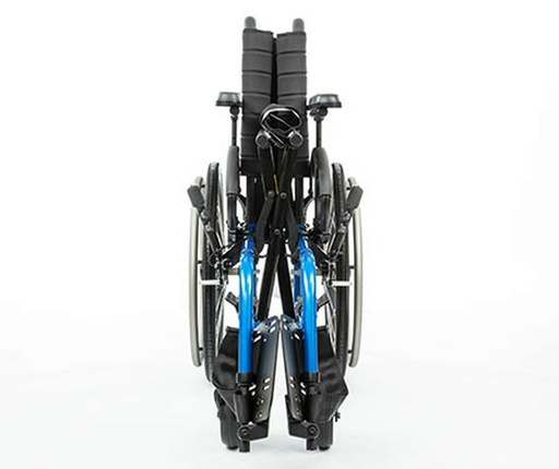 Blue Quickie QX folded side to side, seen from the front with its footplates flipped up