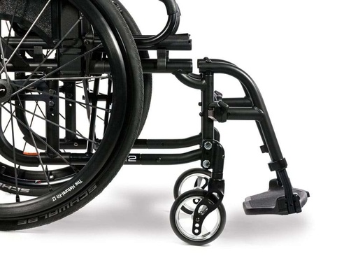 Front frame of a black Quickie 2 with a swing-away footrest, footplate, caster and fork