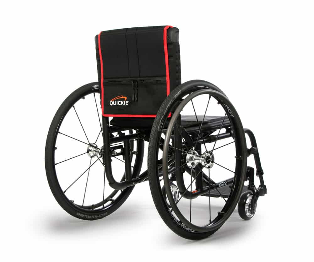Rear view of a black Quickie 2 with a zippered pouch on the back upholstery and spoked wheels