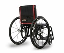 Rear view of a black Quickie 2 with a zippered pouch on the back upholstery and spoked wheels