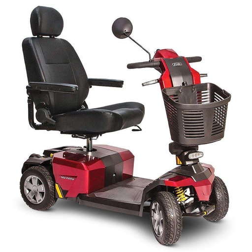 Victory 10 LX in Candy Apple Red, front left view showing the yellow CTS spring behind the front wheels