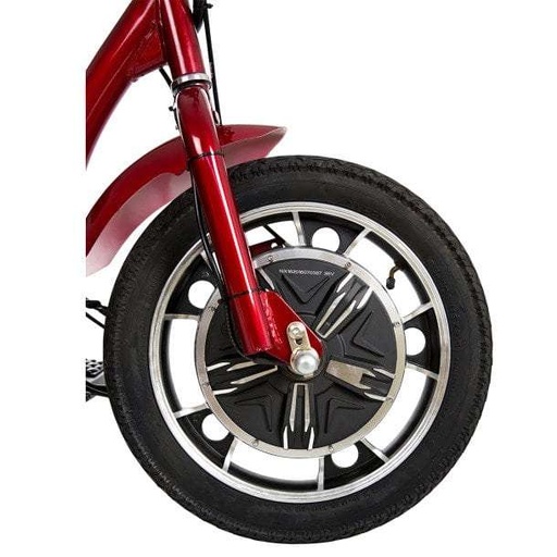 Front wheel close up, with the hub motor built into the 16 inch rim and the red fender