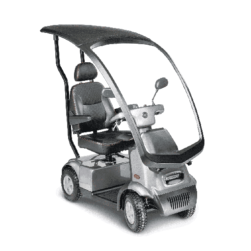 Silver Afiscooter C4 Plus with the optional hard-top windshield canopy, front left view