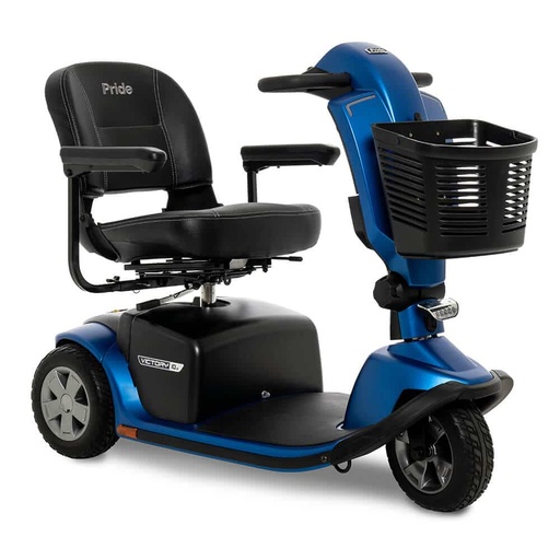 Victory 10.2 3-wheel in Ocean Blue, front three-quarter view with the basket, tiller and folding seat