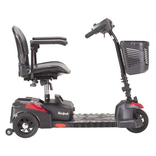 Left side view of the Drive Scout 3 with red panels, front basket and long footboard