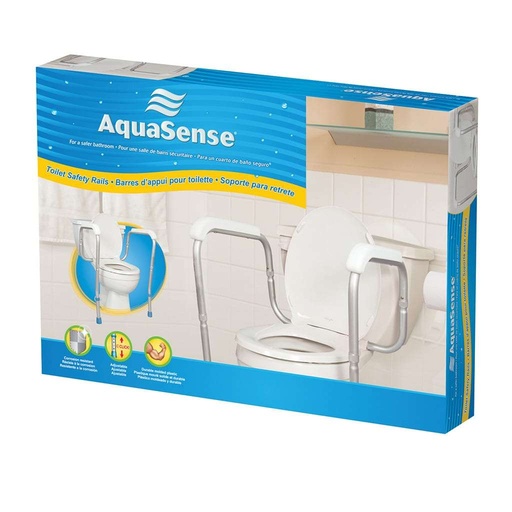 Retail box for the 770-665 rails, with silver legs and white arm pads on a toilet