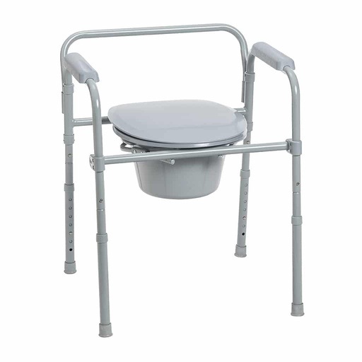 Front view with the lid closed on the snap-on seat and the pail under the frame