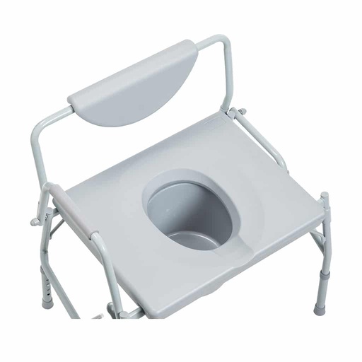 Seat from above with one arm lowered, showing the oval opening and the pail below