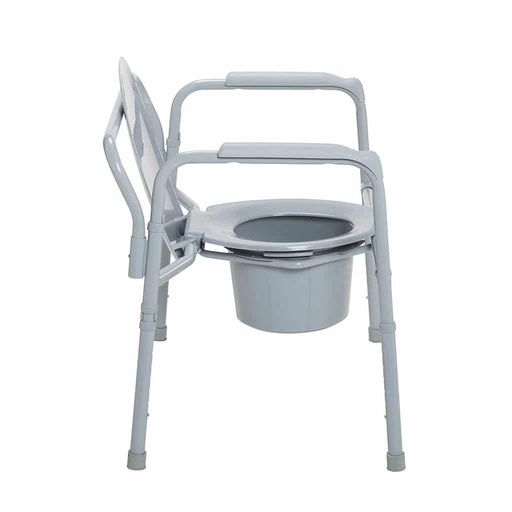 Side view of the commode with the lid raised and the pail hanging under the seat ring
