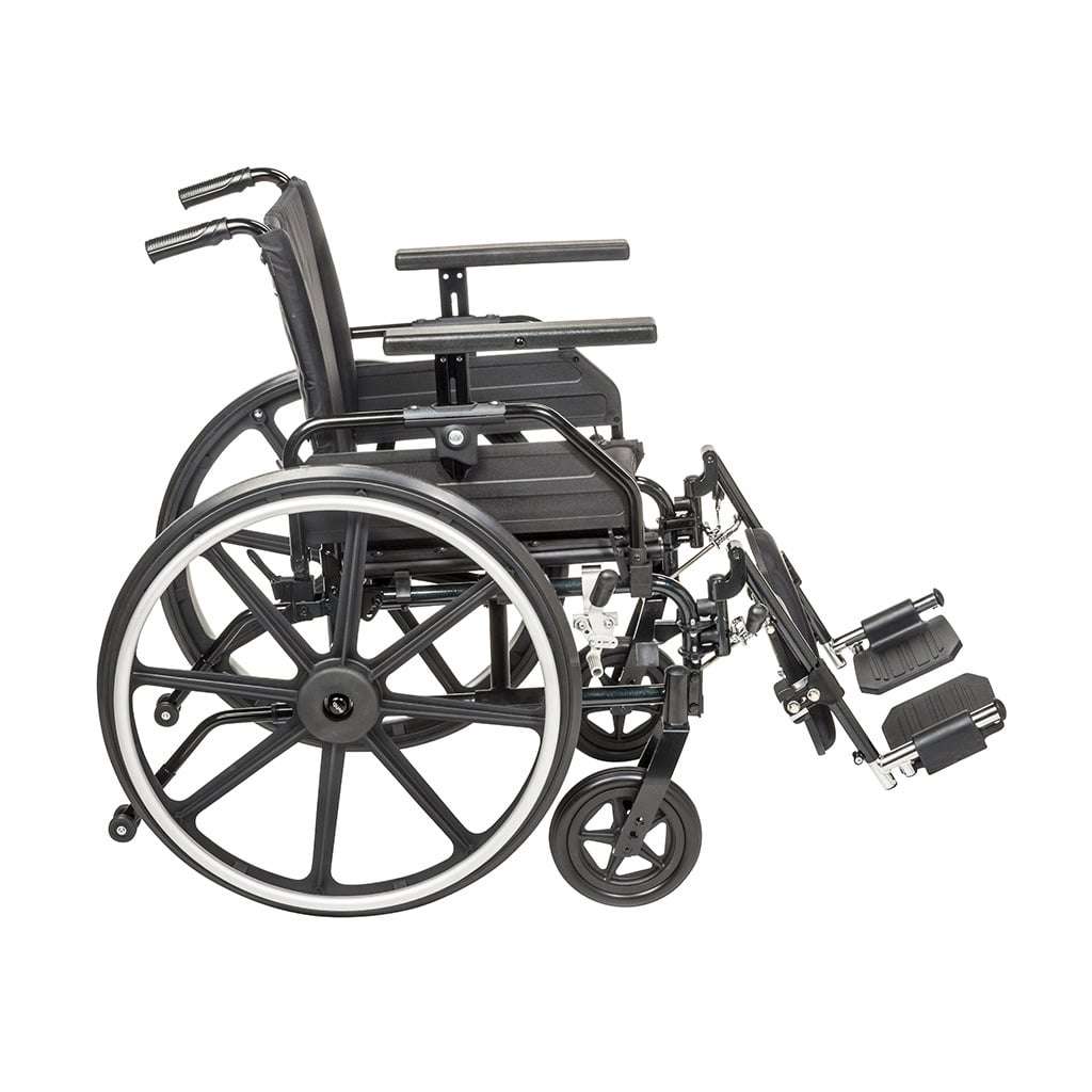 Side view with one armrest raised high on its post and the other left low, showing the height range