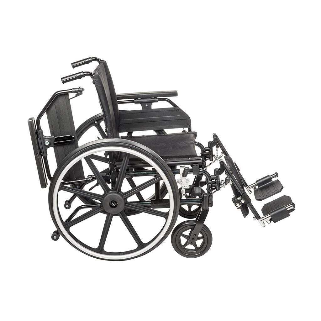 Armrest flipped up and back behind the chair, leaving the side of the seat open for a sideways transfer