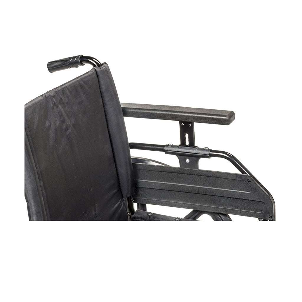 Close view of an armrest raised on its height post above the black side panel