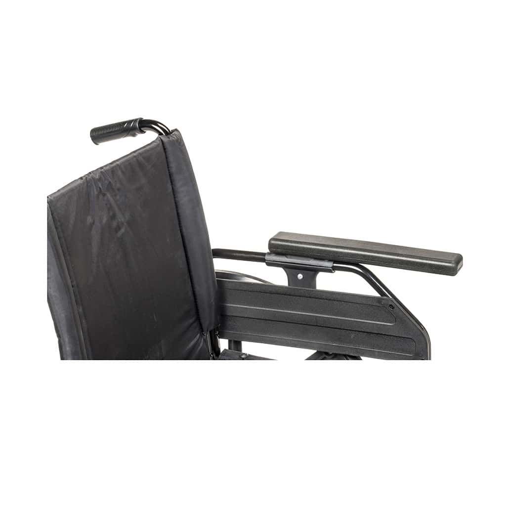 Close view of an armrest at a low setting with its pad slid forward to full length