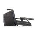 Close view of an armrest at a low setting with its pad slid forward to full length