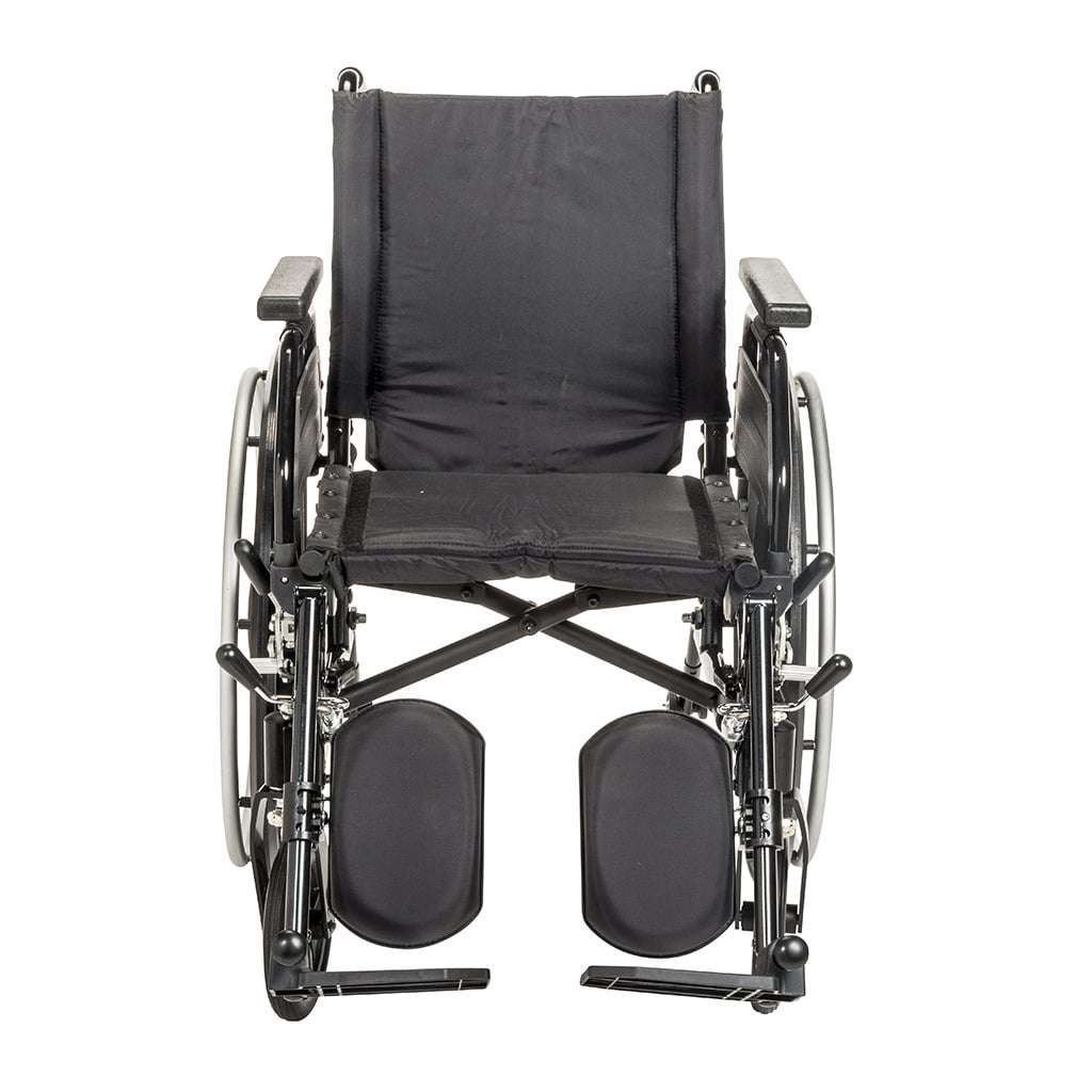 Front view with the elevating legrests and padded calf rests, black seat and back upholstery