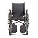 Front view with the elevating legrests and padded calf rests, black seat and back upholstery