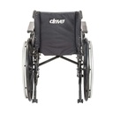 Rear view showing the back upholstery, the push handles and the folding cross brace