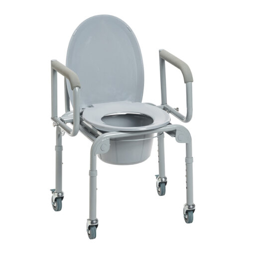 Drive Steel Drop-Arm Commode with Wheels and Padded Armrests 11101W 258267 Drop-Arm Commode